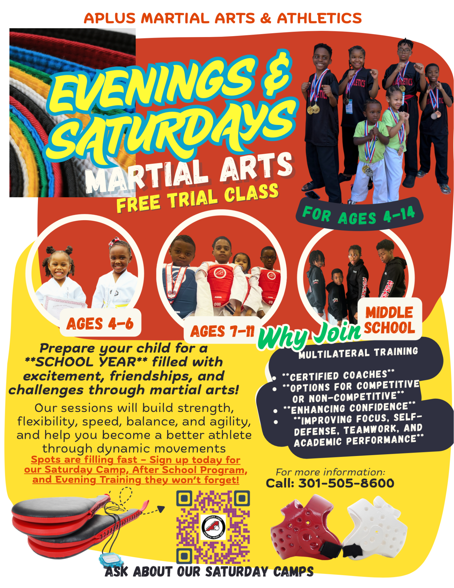THE BENEFITS OF APLUS MARTIAL ARTS FOR YOUNG ATHLETES There are many reasons martial arts might be a good match for young athletes who learn and think differently. Here are nine benefits.  They focus on individual growth, as well as team competition. Many beginning athletes struggle with the pressure of competing with other athletes. But in martial arts, the focus is on self-improvement. They work toward specific goals. Some athletes who learn and think differently feel like they never "win" at anything. In martial arts, athletes perform at their own pace. They earn a different colored belt every time they reach a new skill level, and this can boost self-esteem and keep them motivated. Routines are broken down into chunks. A technique or form in martial arts can have dozens of different movements. But athletes learn gradually, repeating and adding steps as they go. They learn to anticipate which step comes next. And eventually, they put everything together into fluid movements. They emphasize self-control and concentration. Attention is central to martial arts. Athletes have to stay focused to learn and to do the movements. When a child's focus drifts, instructors often ask them to take the "ready stance." This lets them reset and get ready for what's next. They help with coordination. Doing martial arts movements can help athletes get a better feel for their bodies in space. This is good for athletes who struggle with motor skills. It also helps athletes understand the power of the mind over the body. They provide structure. Good martial arts instructors have clear rules and constantly reinforce them. They also emphasize good behavior in and out of class. It's a safe way for kids to get out their extra energy. It's a myth that martial arts encourage violent behavior. Instructors often say that fighting is a last resort. At the same time, kicking and karate chopping let young athletes work out frustration or anger while practicing self-control. It's an accepting environment. Respect is a core value in martial arts and team sports. Athletes have to show it to their instructor/ coach and their peers. Negativity is generally not tolerated in class, and students are encouraged to support each other, which leads to a good leader in team sports. They're cool. Athletes who learn and think differently sometimes feel awkward or out of the loop. But lots of kids think martial arts are cool. It's hard not to feel special when you're wearing martial arts gear and breaking boards in half.